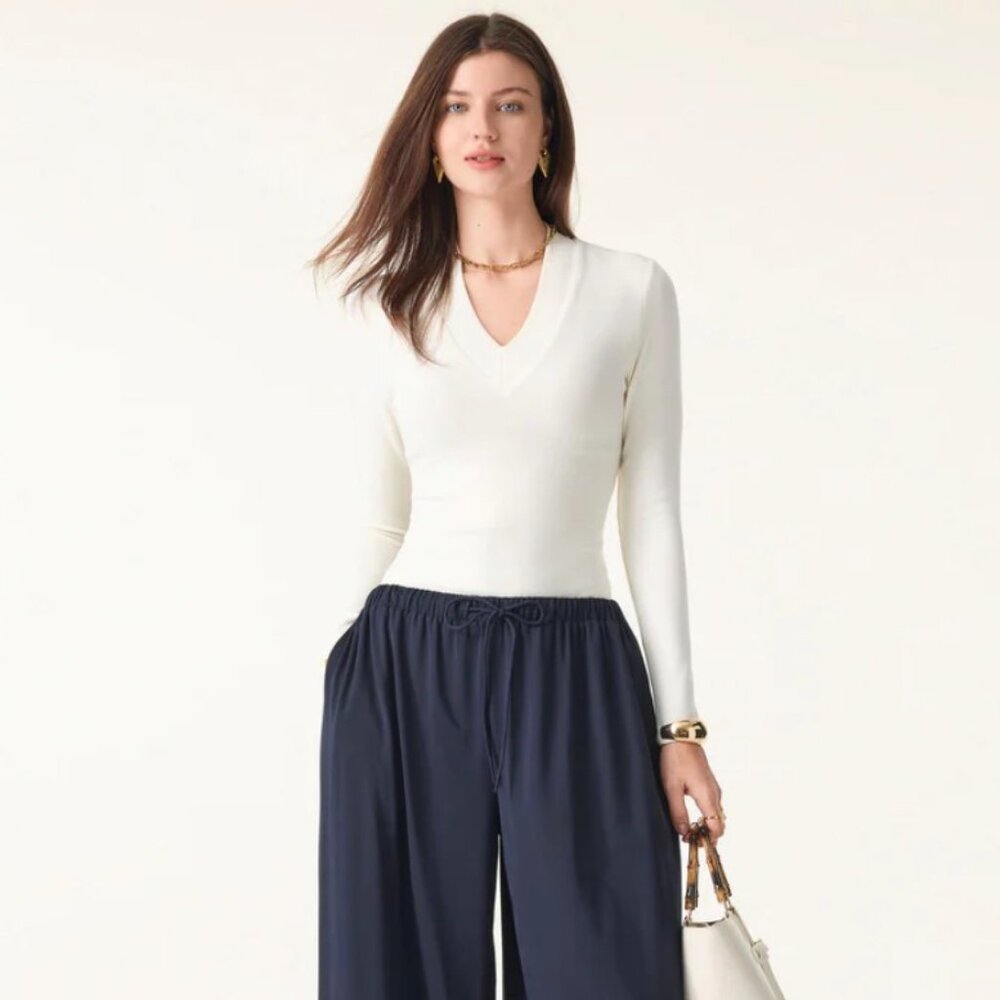 Ponte-De-Roma Stretch Ponte Mid Rise Palazzo Pants with Pockets